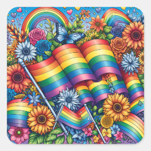 LGBTQIA+-Fahnen, Regenbögen, Blume Quadratischer Aufkleber