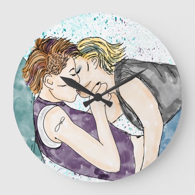 LGBTQIA+ Frauen küssen Aquarellkunst Große Wanduhr (Vorderseite)