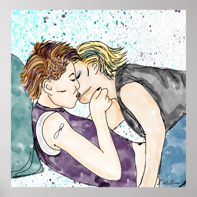 LGBTQIA+ Frauen küssen Aquarellkunst Poster (Vorne)