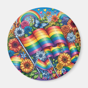 LGBTQIA+ Regenbogenflaggen, Regenbögen, Blumen Magnet