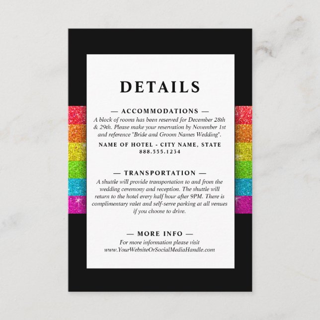 LGTBQ Rainbow Black Chic Modern Wedding Glitzer Begleitkarte (Vorderseite)
