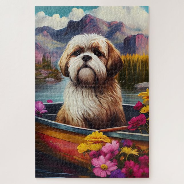 Lhasa Apso auf einem Paddle: Ein Landschaftliches  (Vertikal)