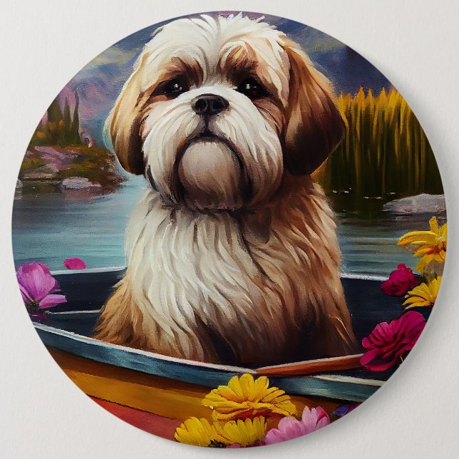 Lhasa Apso auf einem Paddle: Ein Landschaftliches  Button (Vorderseite)