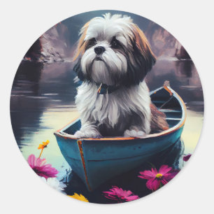Lhasa Apso auf einem Paddle: Ein Landschaftliches  Runder Aufkleber