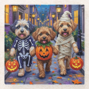 Lhasa Apso beim Trick-or-Treat in Halloween-Kostüm Glasuntersetzer