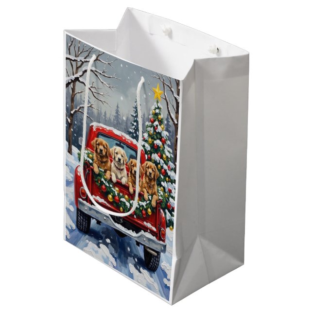 Lhasa Apso Christmas Red Truck Holiday Mittlere Geschenktüte (Vorderseite Schrägansicht)