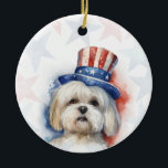 Lhasa Apso Dog, 4th of july Personalized Keramik Ornament<br><div class="desc">Celebrate your love for your furry friend and American pride with this personalized 4th of July dog ornament 🇺🇸🐾 The design features a watercolor dog wearing a stars-and-stripes hat on a soft red and blue stars background. Personalize the back with your dog’s name, a custom 4th of July greeting, and...</div>