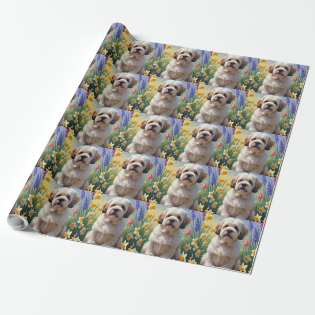 Lhasa Apso Dog Frühlingsblumen Malerei Geschenkpapier (Ungerollt)
