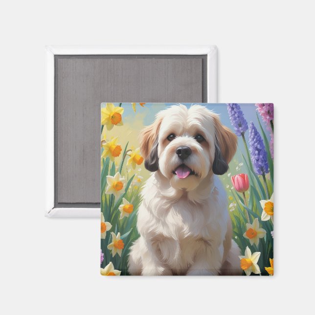 Lhasa Apso Dog Frühlingsblumen Malerei Magnet (Vorderseite/Rückseite)
