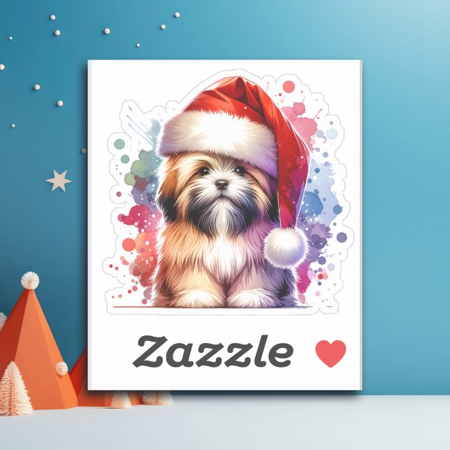 Lhasa Apso Dog in der Weihnachtsmannmütze Weihnach Aufkleber (Von Creator hochgeladen)