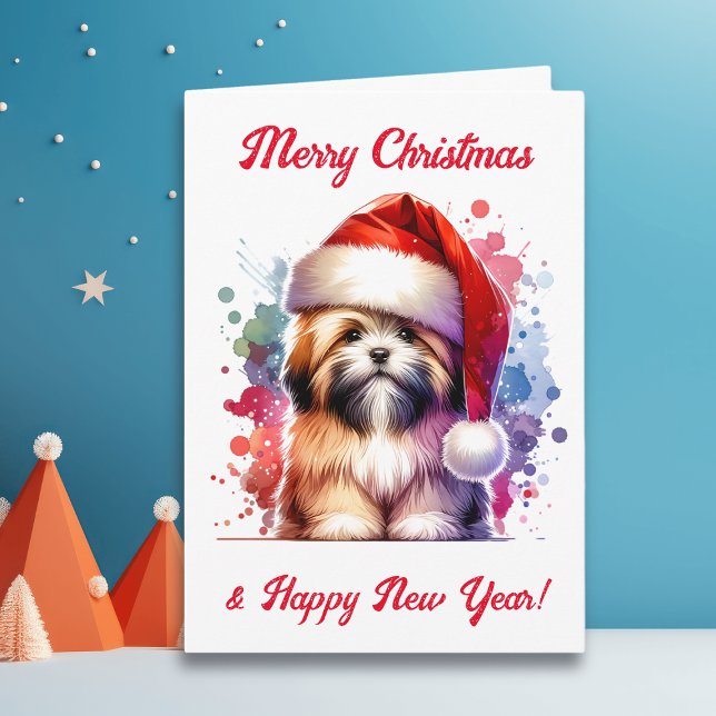 Lhasa Apso Dog in der Weihnachtsmannmütze Weihnach Karte (Von Creator hochgeladen)