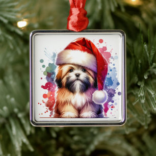Lhasa Apso Dog in der Weihnachtsmannmütze Weihnach Ornament Aus Metall