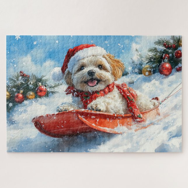 Lhasa Apso Dog in Sledge Let it Schnee Weihnachten (Horizontal)