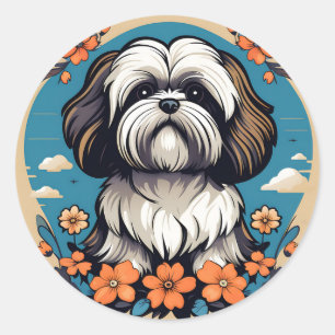 Lhasa Apso Dog Portrait mit Blume Runder Aufkleber