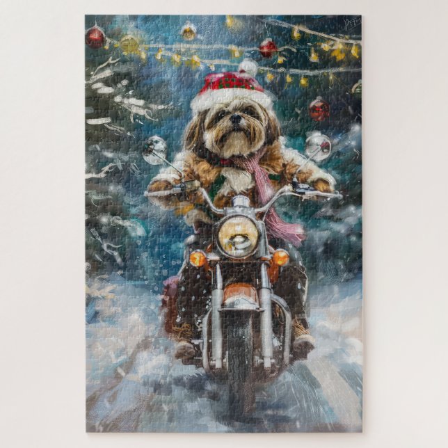 Lhasa Apso Dog Reiten Motorrad Weihnachten (Vertikal)