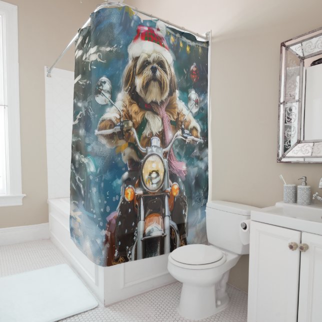 Lhasa Apso Dog Reiten Motorrad Weihnachten Duschvorhang (Beispiel)
