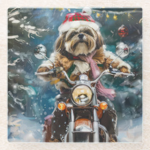 Lhasa Apso Dog Reiten Motorrad Weihnachten Glasuntersetzer