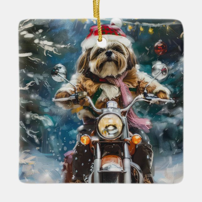 Lhasa Apso Dog Reiten Motorrad Weihnachten Keramikornament (Vorderseite)