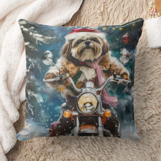 Lhasa Apso Dog Reiten Motorrad Weihnachten Kissen (Decke)