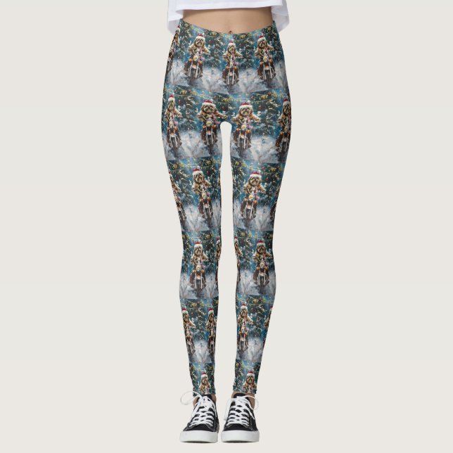 Lhasa Apso Dog Reiten Motorrad Weihnachten Leggings (Vorderseite)