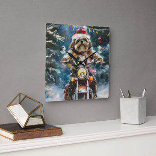 Lhasa Apso Dog Reiten Motorrad Weihnachten Quadratische Wanduhr