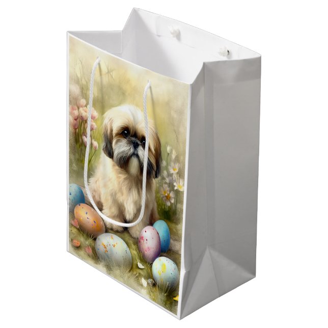 Lhasa Apso Hund mit Ostereiern Urlaub Mittlere Geschenktüte (Vorderseite Schrägansicht)