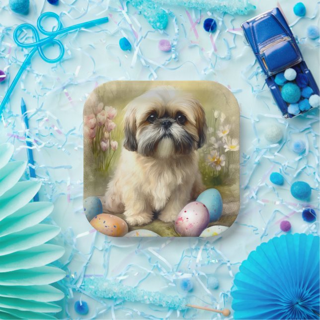 Lhasa Apso Hund mit Ostereiern Urlaub Pappteller (Party)