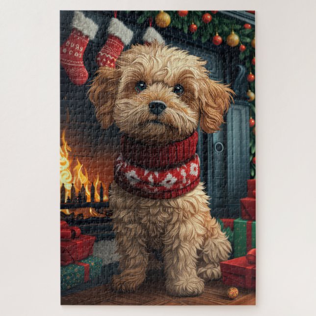 Lhasa Apso Hund mit Weihnachtsgeschenken Kamin (Vertikal)