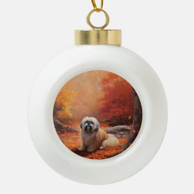 Lhasa Apso im Herbst Leaves Fall Inspiriert Keramik Kugel-Ornament (Vorderseite)