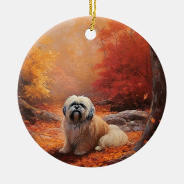 Lhasa Apso im Herbst Leaves Fall Inspiriert Keramik Ornament (Vorne)