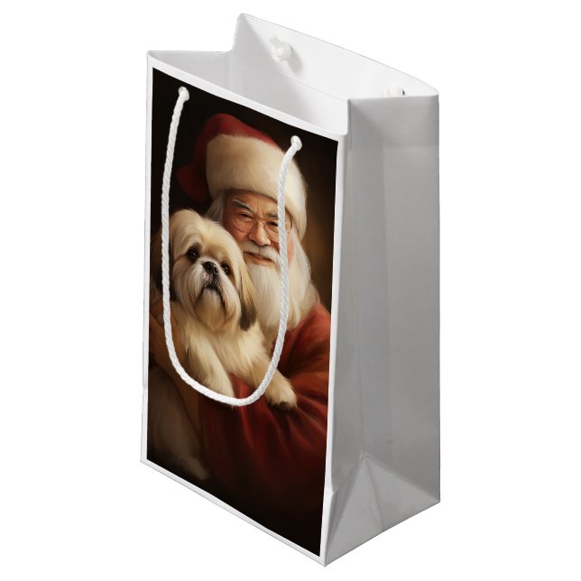 Lhasa Apso mit dem Weihnachtsmann Weihnachten Kleine Geschenktüte (Vorderseite Schrägansicht)