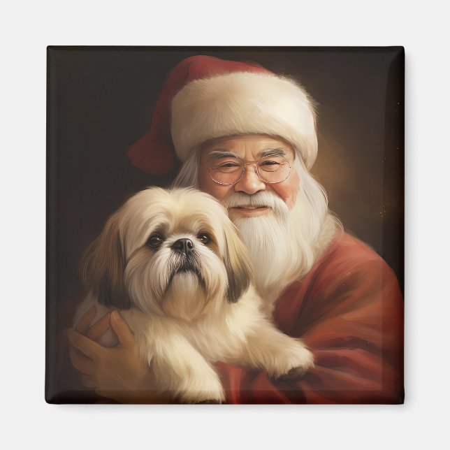 Lhasa Apso mit dem Weihnachtsmann Weihnachten Magnet (Vorne)