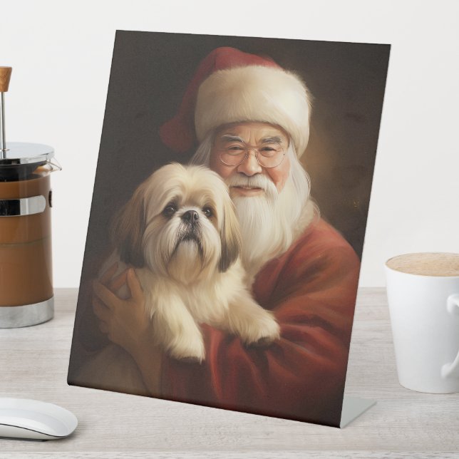 Lhasa Apso mit dem Weihnachtsmann Weihnachten Sockelschild (In Situ)
