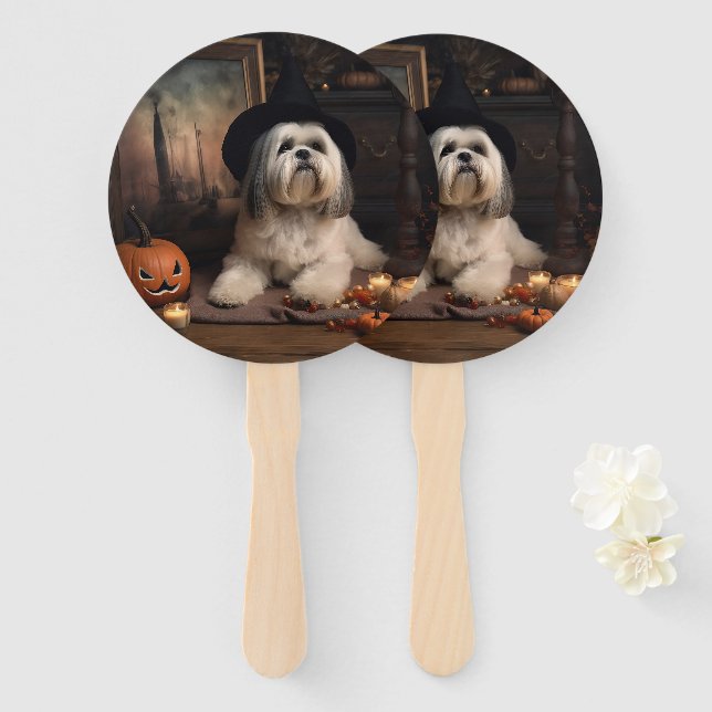 Lhasa Apso Pumpkins Halloween Beängstigend Fächer (Vorne und Hinten)