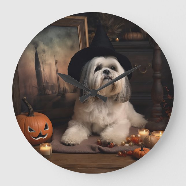 Lhasa Apso Pumpkins Halloween Beängstigend Große Wanduhr (Vorderseite)