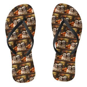 Lhasa Apso Puppy Autumn Delight Pumpkin Flip Flops