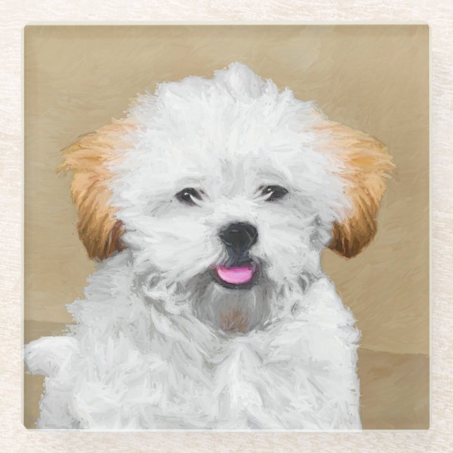 Lhasa Apso Puppy Painting - Niedliche Original Dog Glasuntersetzer (Vorderseite)