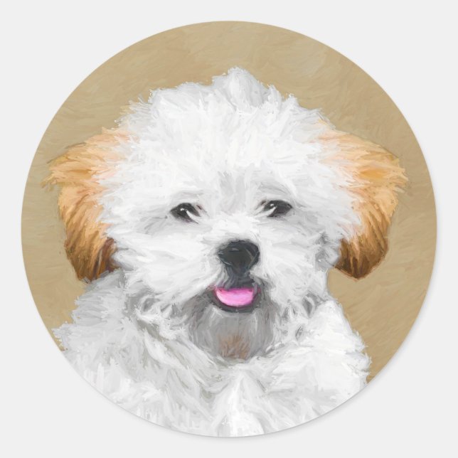 Lhasa Apso Puppy Painting - Niedliche Original Dog Runder Aufkleber (Vorderseite)