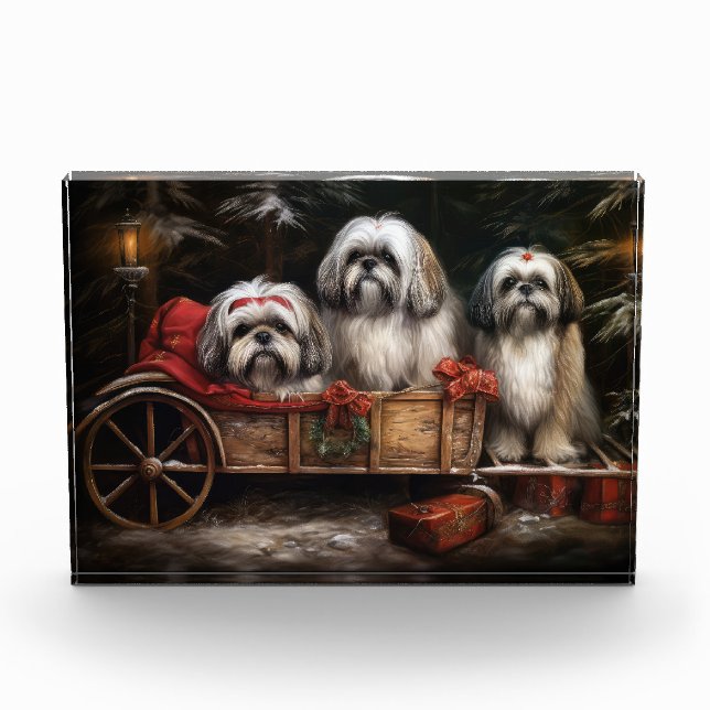 Lhasa Apso Snowy Sleigh Weihnachtsdekor Fotoblock (Vorderseite)