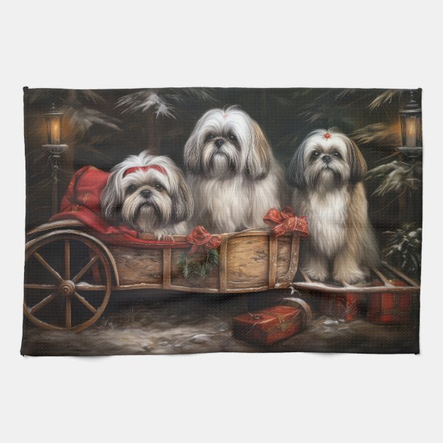 Lhasa Apso Snowy Sleigh Weihnachtsdekor Geschirrtuch (Horizontal)
