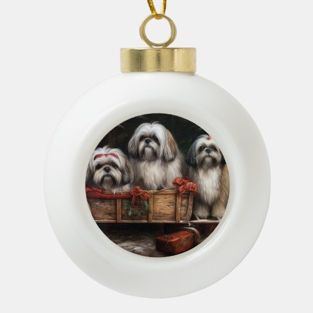 Lhasa Apso Snowy Sleigh Weihnachtsdekor Keramik Kugel-Ornament (Vorderseite)