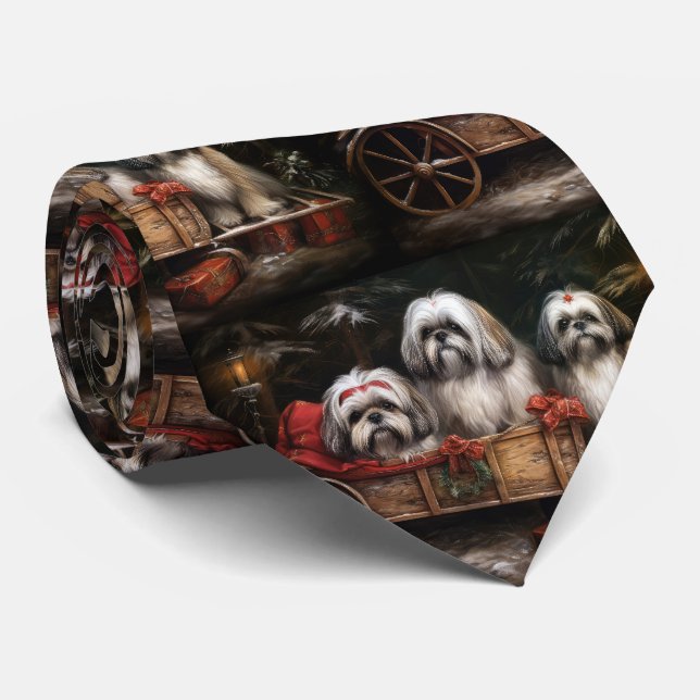 Lhasa Apso Snowy Sleigh Weihnachtsdekor Krawatte (Gerollt)