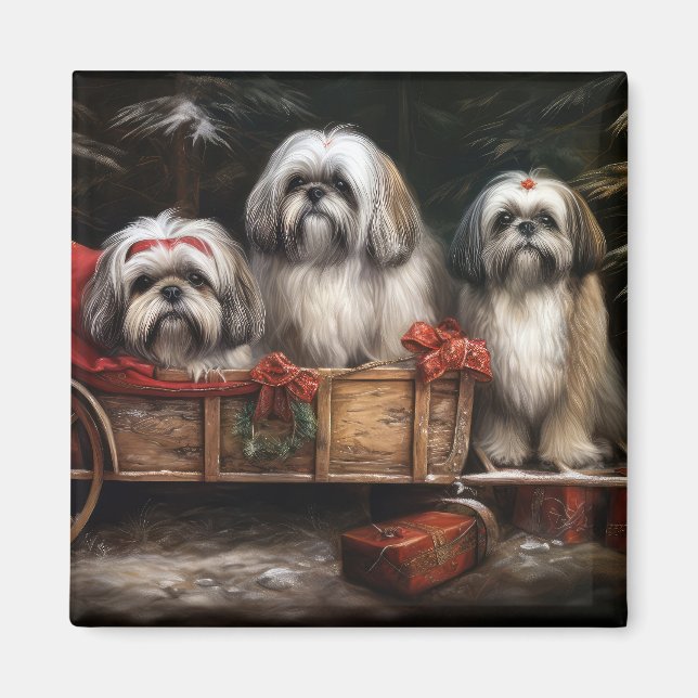 Lhasa Apso Snowy Sleigh Weihnachtsdekor Magnet (Vorne)