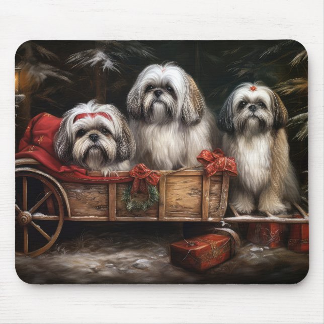 Lhasa Apso Snowy Sleigh Weihnachtsdekor Mousepad (Vorne)