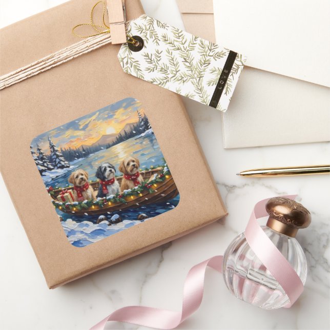 Lhasa Apso Weihnachtsboot Urlaub Quadratischer Aufkleber (Schenken)