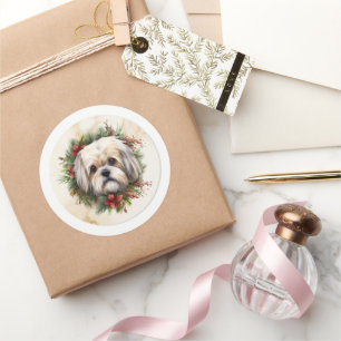 Lhasa Apso Weihnachtskranz Festlicher Welpe Runder Aufkleber