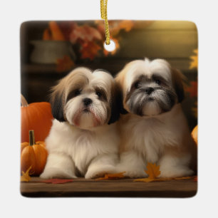 Lhasa Apso Welpe Herbstfreude Kürbis  Keramikornament