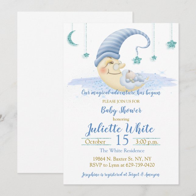 L'Homme Sur La Lune Baby shower Invitation (Devant / Derrière)