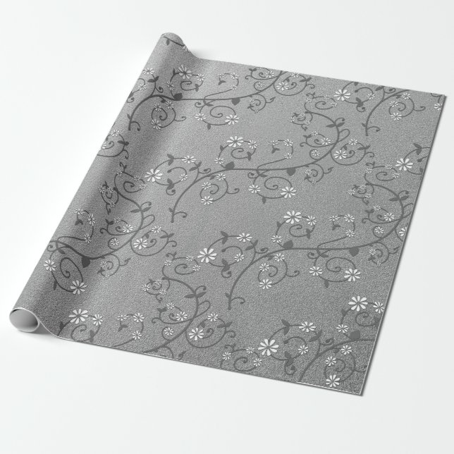 Liane florale blanche sur papier cadeau argenté (Déroulé)