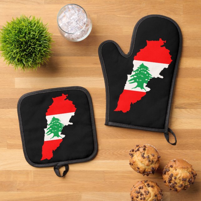 Libanon Karte mit Flaggen Ofenhandschuh & Topflappen-Set (Oben Unten)
